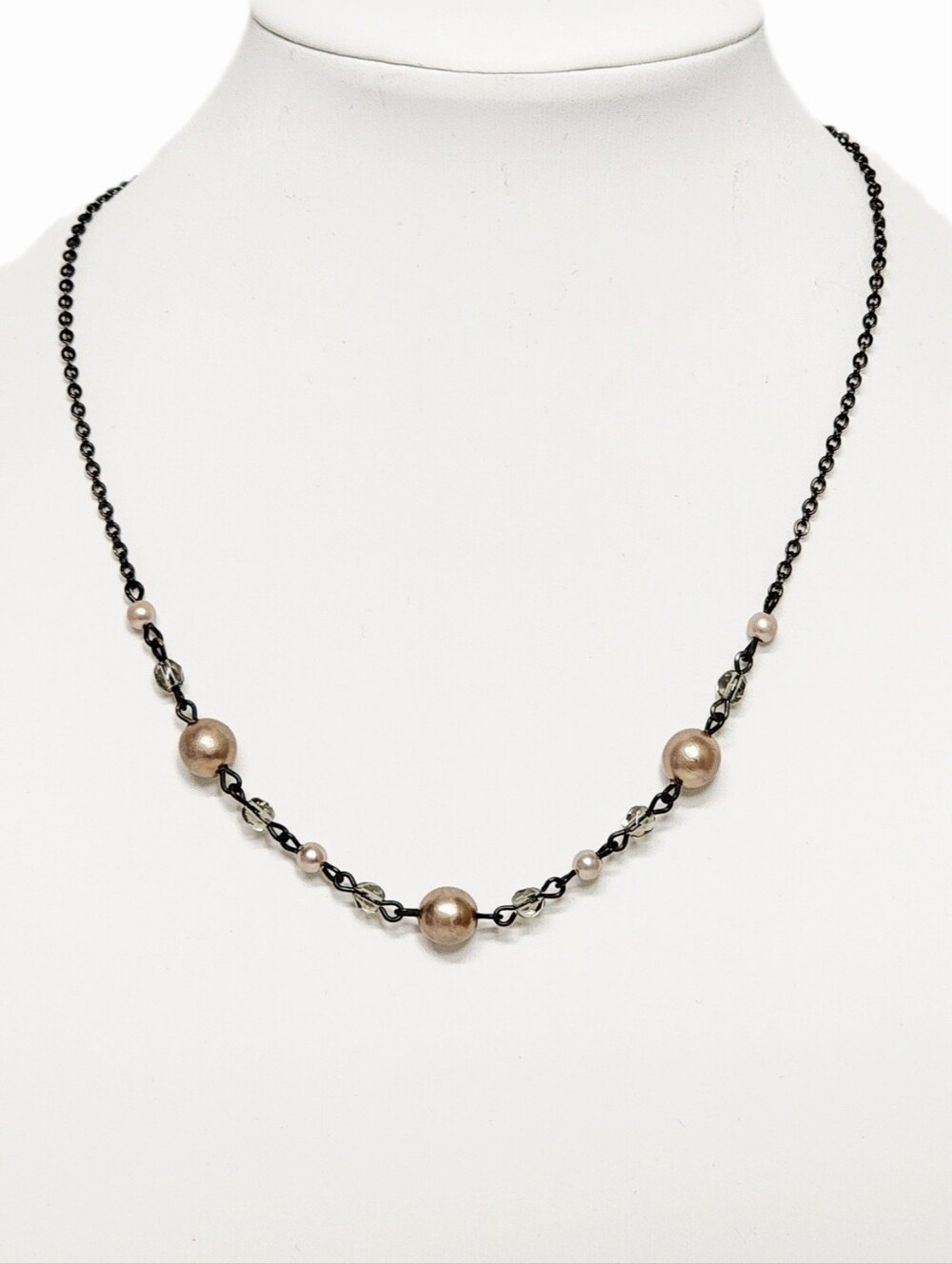 1928 Delicate Champagne Gold Bead Black Chain Necklace